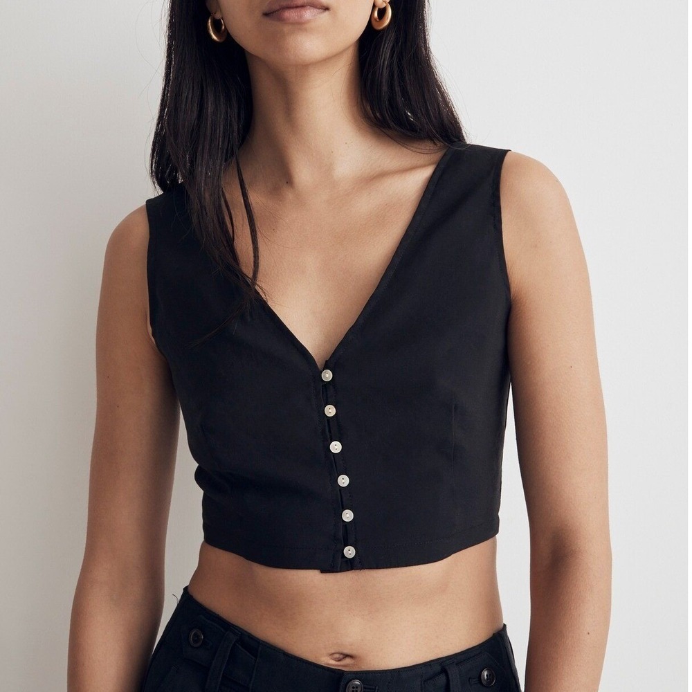 Madewell Softdrape Gwen Crop Vest Top Black Minimalist Smocked Capsule Size 12